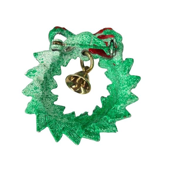 Vintage Holiday Christmas Wreath with Bell Brooch Pin 1 5/8" Diameter - Picture 4 of 5